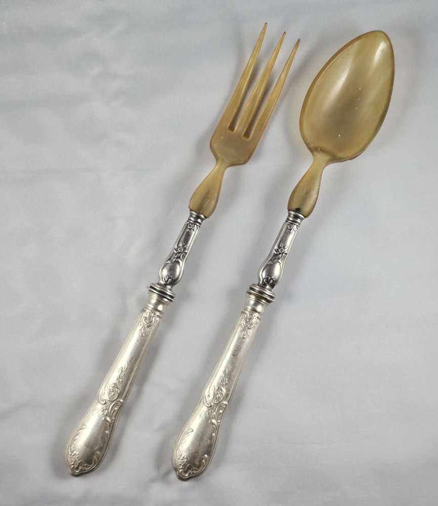 Early 20th Century Silver and Horn Vintage Salad Servers_